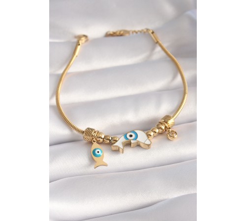 316L Çelik Gold Renk Balık Figür Nazar Boncuk İşleme Kadın Bileklik - TJ-BB5954