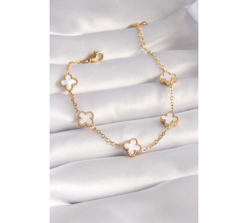 316L Çelik Gold Renk Beyaz Yonca Model Kadın Bileklik - TJ-BB5963