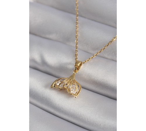 316L Çelik Gold Renk Zirkon Taşlı Balık Kuyruğu Model Kadın Kolye - TJ-BKO8348