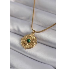 316L Çelik Gold Renk Yeşil Taşlı Kutup Yıldızı İşleme Madalyon Model Kadın Kolye - TJ-BKO8355