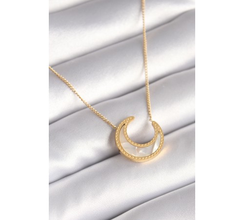 316L Çelik Gold Renk Beyaz Sedefli Hilal Model Kadın Kolye - TJ-BKO8362