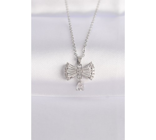 316L Çelik Zincir Gümüş Renk Zirkon Taşlı Kalp Detay Fiyonk Kolye - TJ-BKO8602