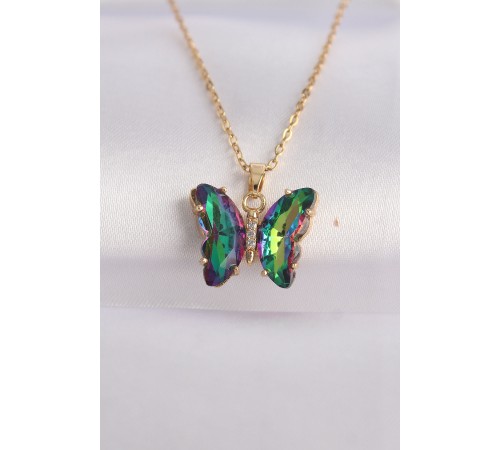 316L Çelik Zincir Altın Renk Zincir Yeşil Model Renkli Zirkon Taşlı Kolye - TJ-BKO8614