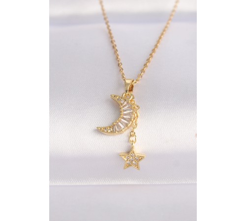 316L Çelik Zincir Altın Renk Zirkon Taşlı Ay Yıldız Kolye - TJ-BKO8626