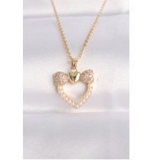 316L Çelik Zincir Altın Renk İnci Taş Detay Zirkon Taşlı Kalp Kolye - TJ-BKO8630