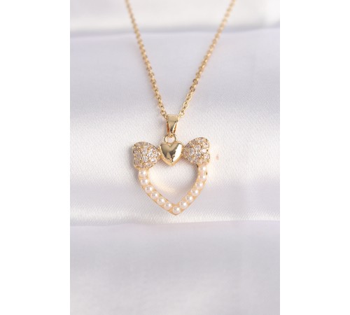 316L Çelik Zincir Altın Renk İnci Taş Detay Zirkon Taşlı Kalp Kolye - TJ-BKO8630