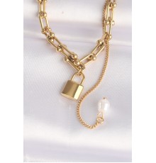 316L Çelik Zincir Altın Renk Zincirli Love Yazılı Kilit Kolye - TJ-BKO8632