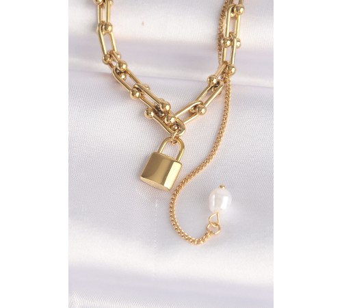 316L Çelik Zincir Altın Renk Zincirli Love Yazılı Kilit Kolye - TJ-BKO8632