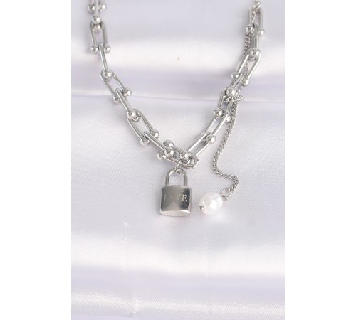 316L Çelik Zincir Gümüş Renk Zincirli Love Yazılı Kilit Kolye - TJ-BKO8633