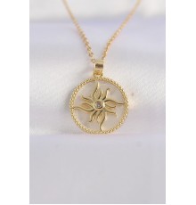 316L Çelik Zincir Altın Renk Zirkon Taşlı Oval Tasarım Güneş Kolye - TJ-BKO8653