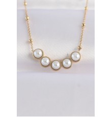 316L Çelik Zincir Altın Renk Sıralı İnci Taşlı Kolye - TJ-BKO8655