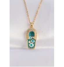 316L Çelik Zincir Zirkon Taşlı Altın Renk Nazarlı Terlik Tasarımlı Kolye - TJ-BKO8664