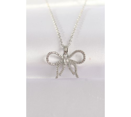 316L Çelik Zincir Gümüş Renk Zirkon Taşlı Fiyonk Kolye - TJ-BKO8671