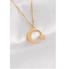 316L Çelik Zincir Altın Renk Düz Plaka Ay Yıldız Kolye - TJ-BKO8673