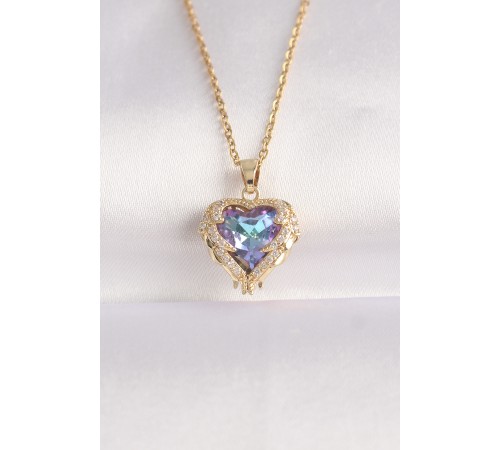 316L Çelik Zincir Altın Renk Zirkon Taşlı Mavi Mor Renkli Kalp Figür Kolye - TJ-BKO8685