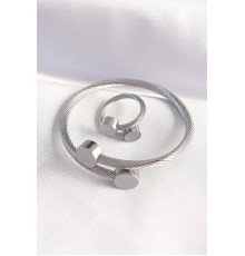 316L Çelik Gümüş Renk Oval Aksesuarlı Burgu Model Bileklik ve Yüzük Kombini - TJ-EB3653