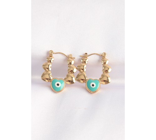 316L Çelik Gold Renk Mavi Nazarlı Kalpli Model Küpe - TJ-BKP8948