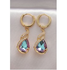 Pirinç Gold Renk Zirkon Taşlı Renkli Damla Tasarım Küpe - TJ-BKP8963