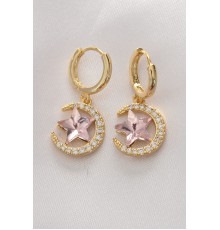 Pirinç Gold Renk Pembe Zirkon Taşlı Yıldız Detay Ay Küpe - TJ-BKP8965