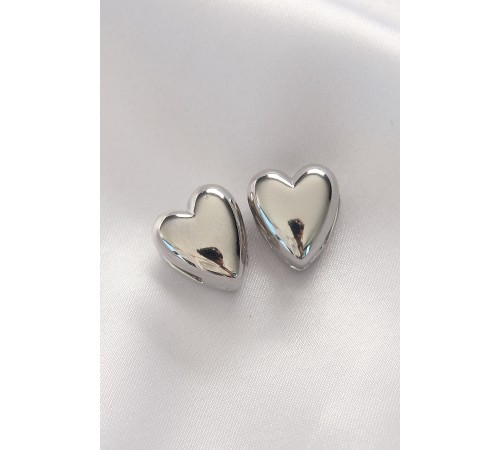 Pirinç Gümüş Renk Minimal Bombeli Kalp Küpe - TJ-BKP8969