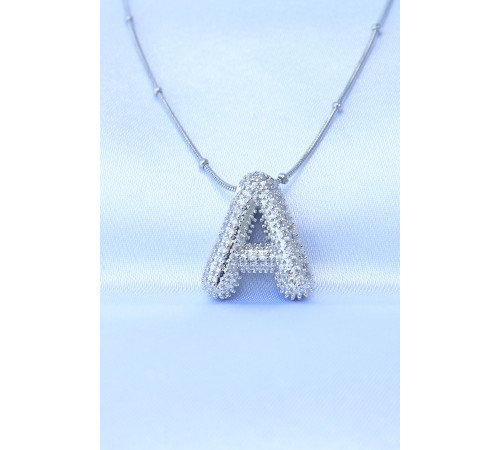 316L Çelik Zincirli Zirkon Taşlı A Harfli Gümüş Renk Bubble Kolye - TJ-BKO8729