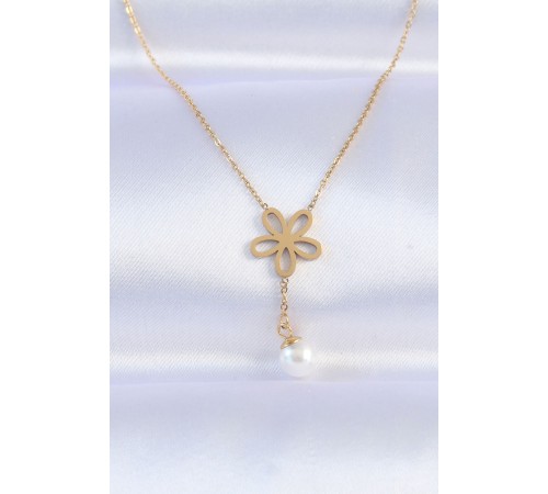 316L Çelik Zincir Gold Renk İnci Detay Çiçek Kolye - TJ-BKO8730