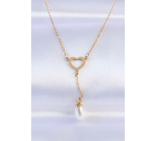316L Çelik Zincir Gold Renk İnci Taş Detay Kalp Kolye - TJ-BKO8731