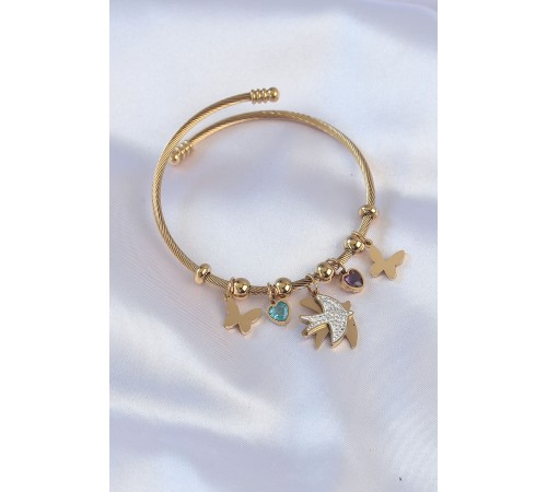 316L Çelik Gold Renk Zirkon Taşlı Minimal Kalp Detay Charm Bileklik - TJ-BB6091
