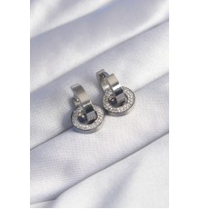 316L Çelik Gümüş Renk Zirkon Taşlı İç İçe Geçmeli Oval Küpe - TJ-BKP9013