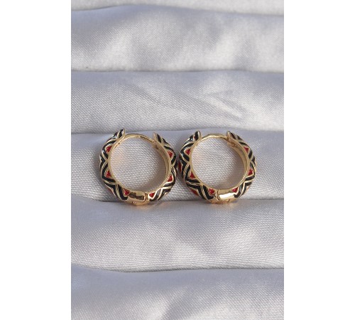 Pirinç Gold Renk Siyah Etnik Desenli Halka Küpe - TJ-BKP9073