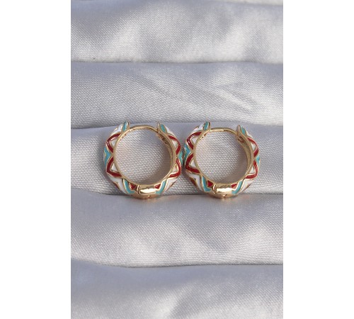 Pirinç Gold Renk Mavili Etnik Desenli Halka Küpe - TJ-BKP9075