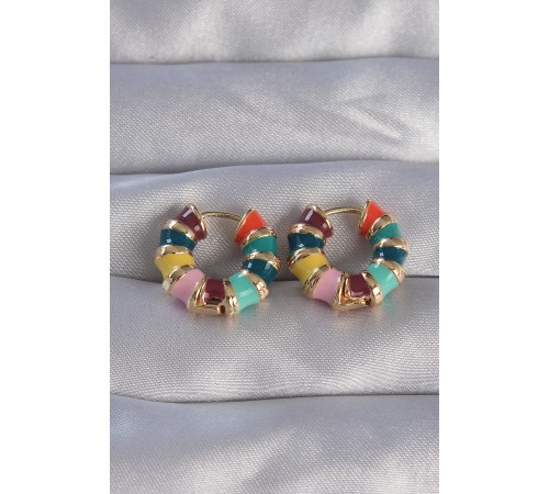 Pirinç Gold Renk Mineli Çok Renkli Kabartmalı Halka Küpe - TJ-BKP9077