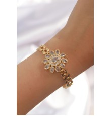 Pirinç Gold Renk İri Zirkon Taşlı Çiçek Figürlü Bileklik - TJ-BB6141
