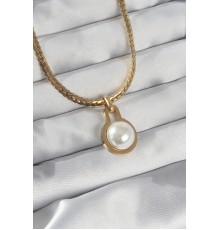 316L Çelik Gold Renk Yassı Zincir İnci Taşlı Kolye - TJ-BKO8903