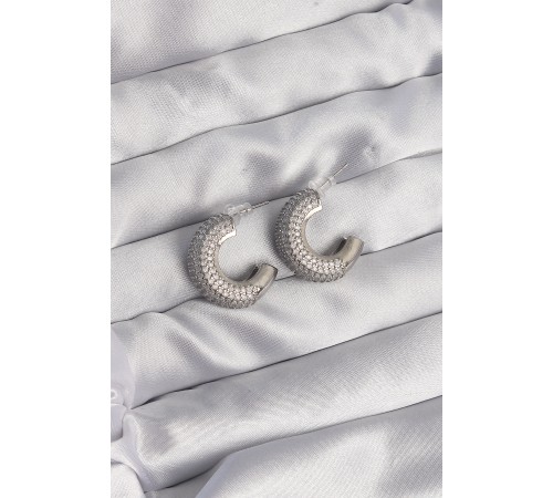 Pirinç Gümüş Renk Zirkon Taşlı Yarım Halka Küpe - TJ-BKP9114