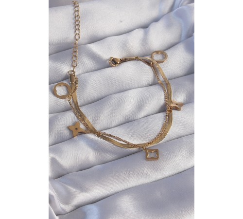 316L Çelik Gold Renk Çift Zincir Yonca Tasarım Bileklik - TJ-BB6181