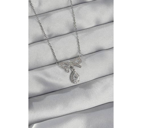 316L Çelik Gümüş Renk Zirkon Taşlı Fiyonk Detay Damla Kolye - TJ-BKO8922