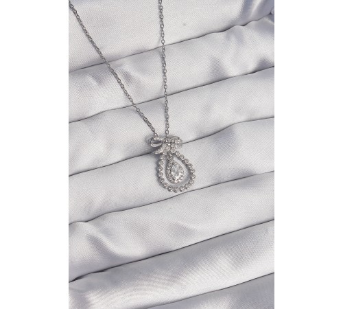 316L Çelik Gümüş Renk Fiyonk Detaylı Zirkon Taşlı Damla Model Kolye - TJ-BKO8930