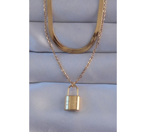 316L Çelik Gold Renk Çift Zincir Kilit Model Kolye - TJ-BKO8941