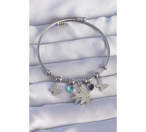 316L Çelik Gümüş Renk Zirkon Taşlı Kuş Tasarımlı Detay Charm Bileklik - TJ-BB6194