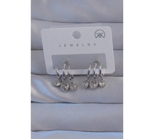 Pirinç Gümüş Renk Zirkon Taşlı Kalp Model Çoklu Görünüm Yarım Halka Küpe - TJ-BKP9143