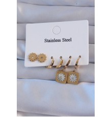 316L Çelik Gold Renk Zirkon Taşlı Sedefli Papatya Model Halka Küpe Seti - TJ-BKP9150