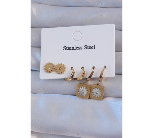 316L Çelik Gold Renk Zirkon Taşlı Sedefli Papatya Model Halka Küpe Seti - TJ-BKP9150