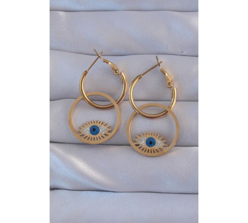 316L Çelik Gold Renk Zirkon Taşlı Mavi Göz Tasarımlı Halka Küpe - TJ-BKP9161