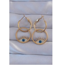 316L Çelik Gold Renk Zirkon Taşlı Mavi Göz Tasarımlı Halka Küpe - TJ-BKP9164