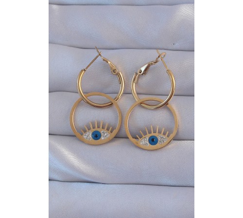 316L Çelik Gold Renk Zirkon Taşlı Mavi Göz Tasarımlı Halka Küpe - TJ-BKP9164