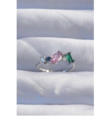 Pirinç Gümüş Renk Renkli Zirkon Taşlı Ayarlanabilir Yüzük - TJ-BYK3238