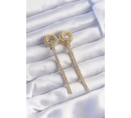Pirinç Gold Renk Zirkon Taşlı Kıvrım Detay Sallantılı Küpe - TJ-BKP9254