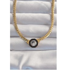 316L Çelik Gold Renk Ezme Zincir Zirkon Taşlı Mineli Serenay Kolyesi - TJ-BKO8958