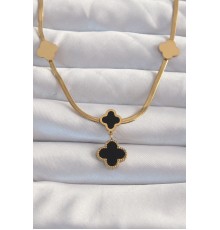 316L Çelik Gold Renk İtalyan Zincirli Mineli Yonca Kolye - TJ-BKO8969